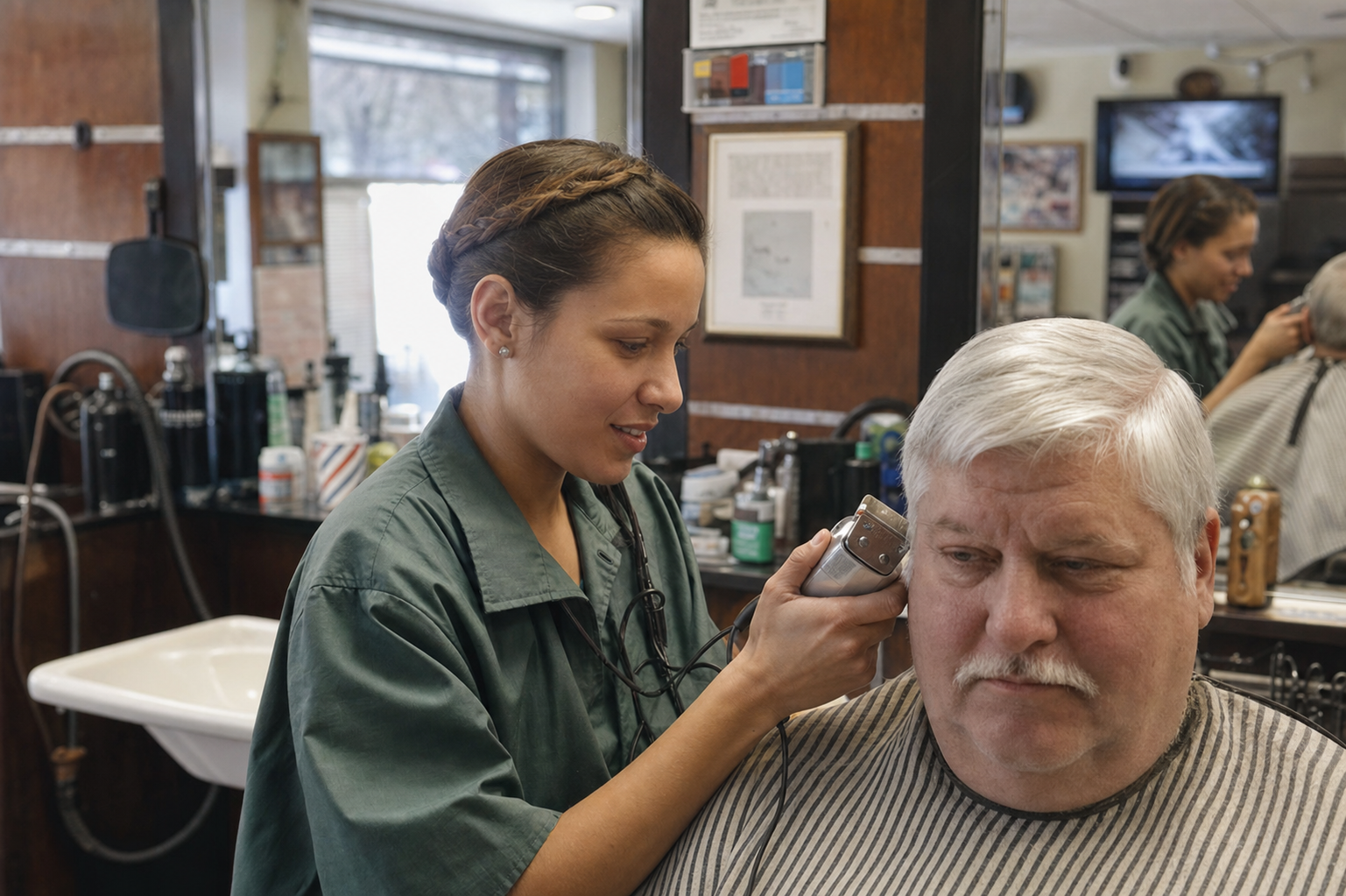 Barber giving a haircut at Drive In Barber Shop