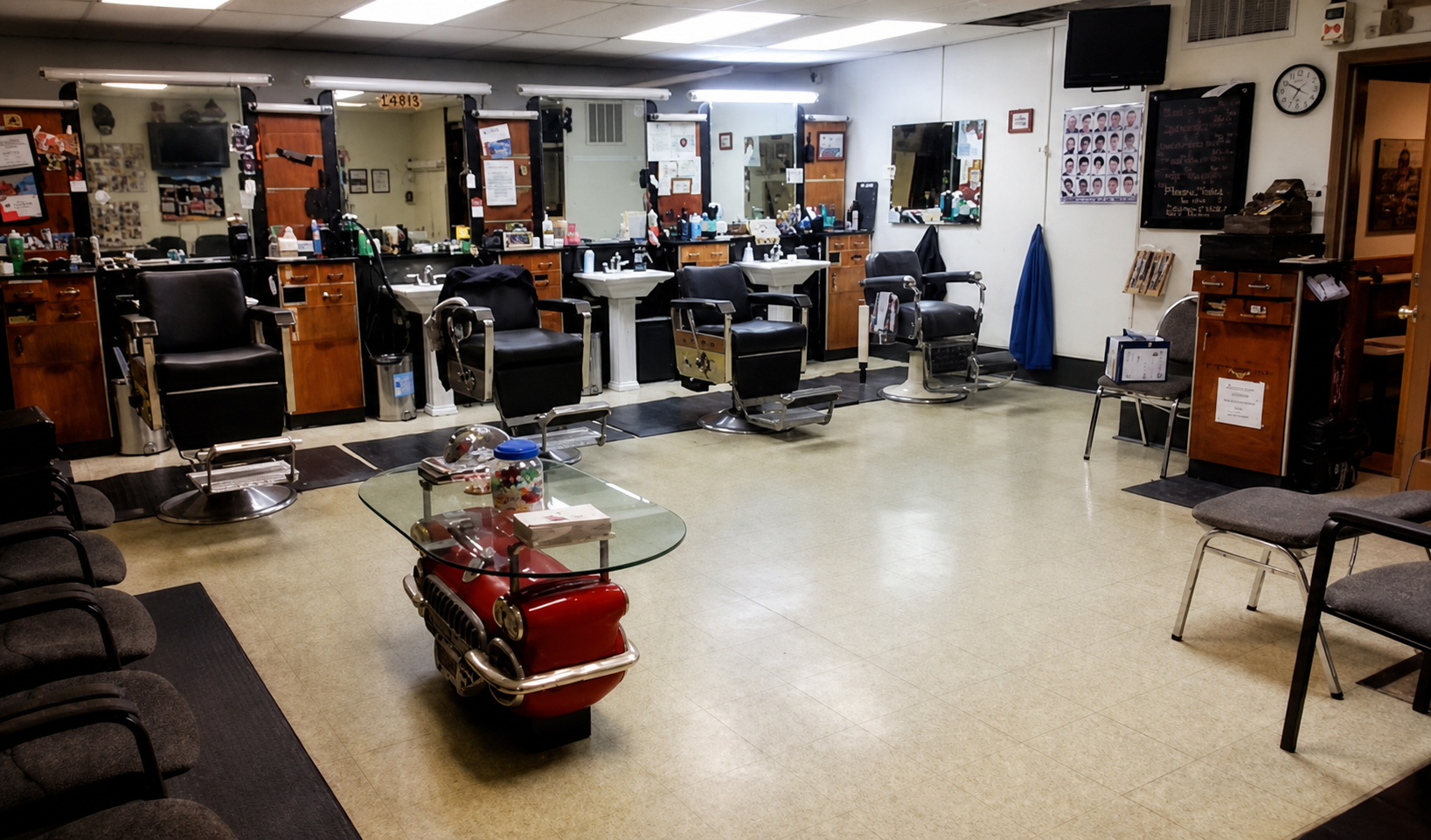 Traditional barber chairs inside Drive In Barber Shop